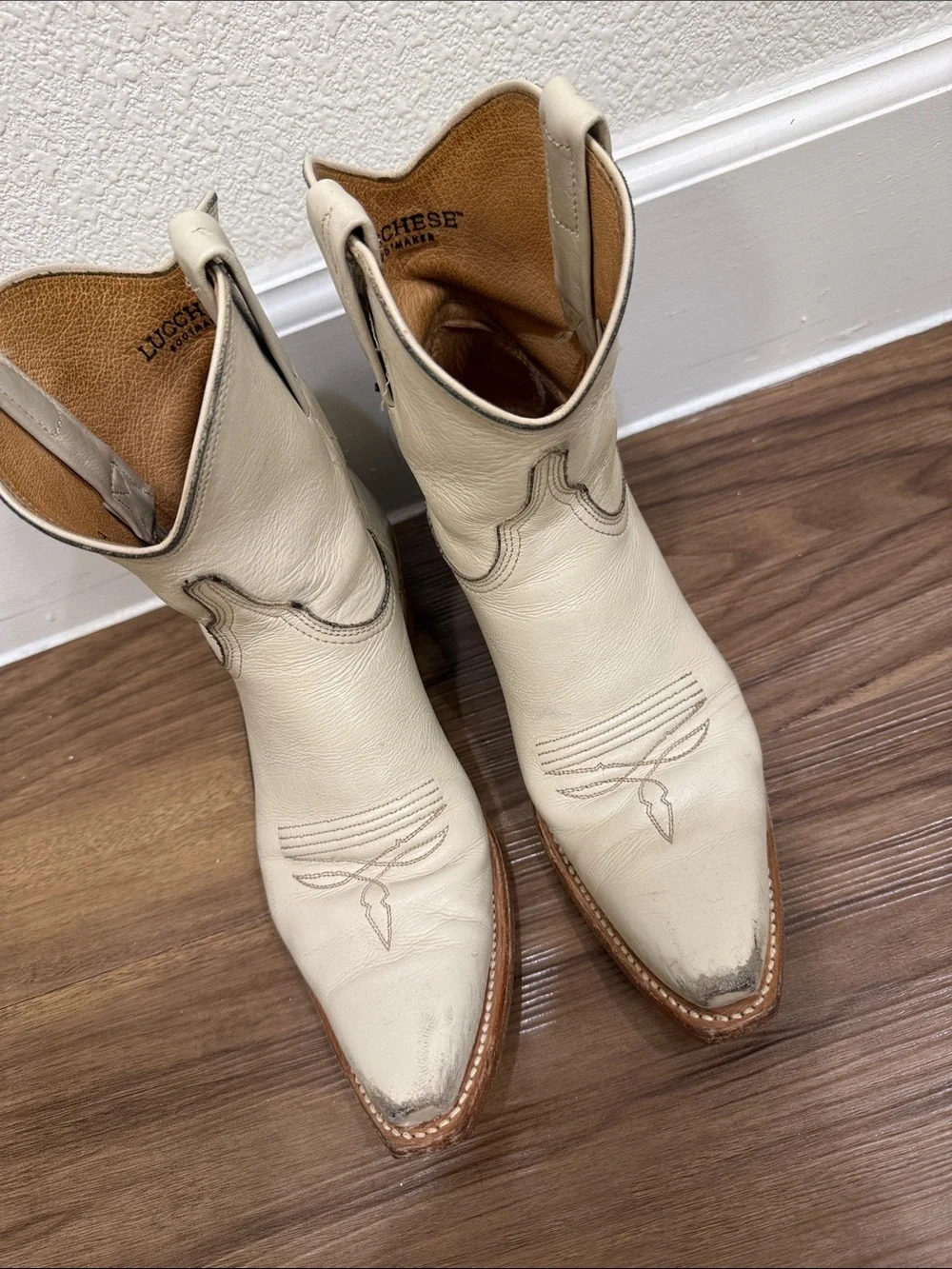 Lucchese Cream Leather Short Cowboy Boots - Picture 2 of 5
